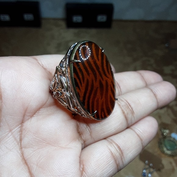 925 Carved Baltic Amber Ring.